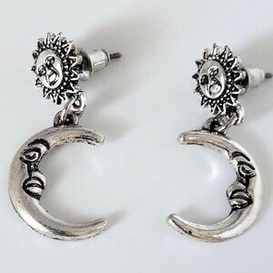 Sun & Moon Celestial Dangle Drop Post Earrings Silver Tone 1.25" Drop
